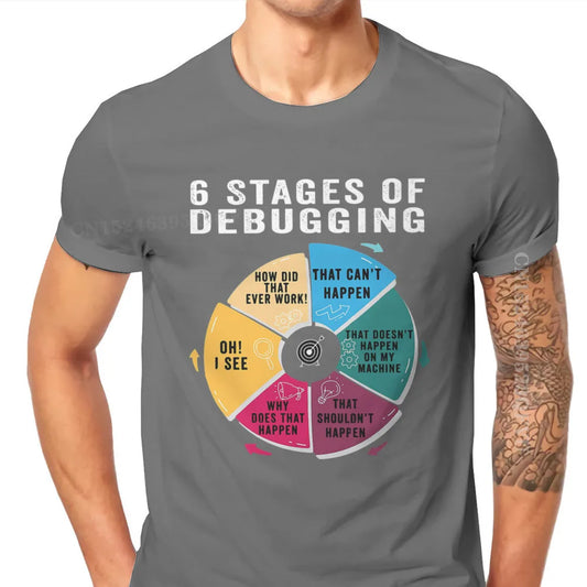 6 stages of Debugging חולצת טריקו קיץ קז'ואל עם שרוולים קצרים - חולצה מודפסת עם צווארון עגול בדימוס